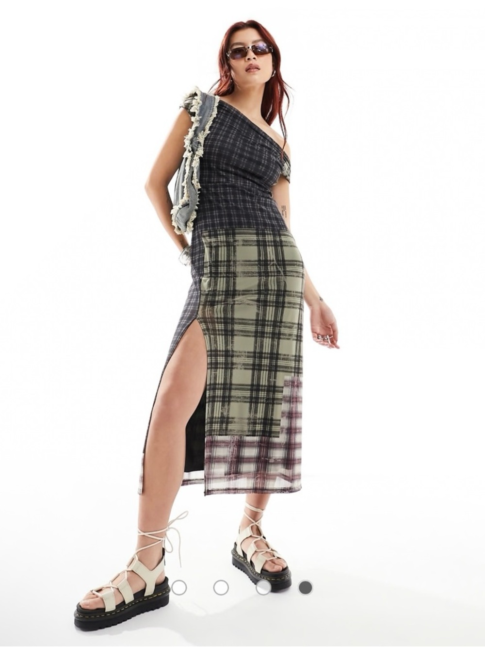 ASOS One-Shoulder Plaid Midi Dress in Olive & Charcoal